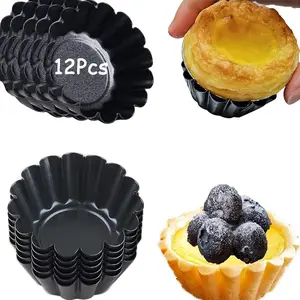 Egg Tart Molds Set, 12 Pieces Non-Stick, Ultra-Small Egg Tart Pans for Pastries, 2.6 Inch Diameter, 1.7 Inch Height, Carbon Steel, Reusable Kitchen Baking Tools Bakeware