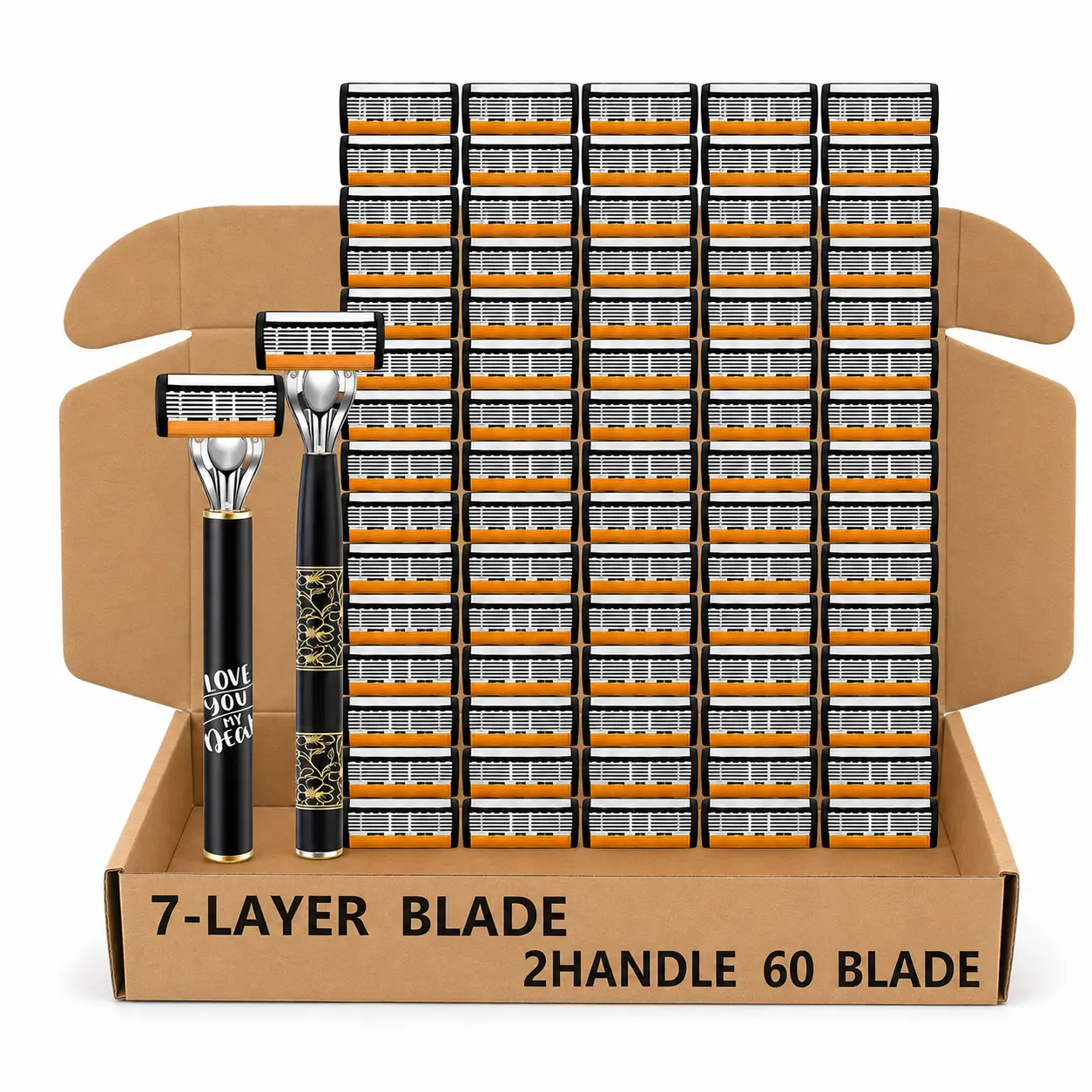 Men's 7-Blade Stainless-Steel Face Shaver Shaving Kit with 60 Replaceable Razorblade Cartridges, Lubricating Strip for Smooth Shaving (60 Items Total), Replaceable Blades, 6-Blade Precision Shaving