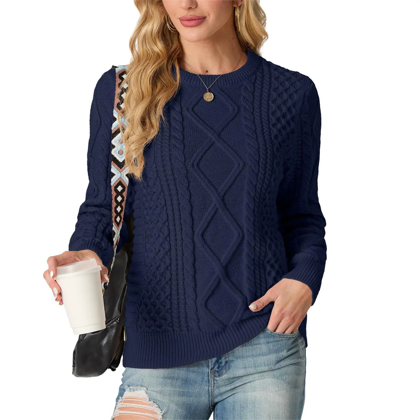 GRECERELLE 2026 Womens Fall Winter Long Sleeve Casual Pullover Sweater Tops | Crewneck, Cable Knit, Chunky, Vintage Style, Anti-static(XS-2XL)