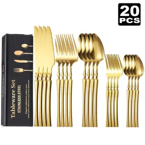 20 Piece Matte Gold Silverware Set , Stainless Steel Silverware Set for 4, Mirror Polished Knives Forks Spoons Teaspoons & Dessert Forks Durable Dishwasher Safe, Dinnerware Set, kitchen accessories, knives kitchen set with tik Utensils Set Tableware Set