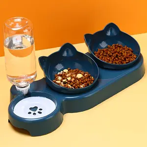 Automatic pet bowl with a feeder, 3-in-1 ear design inclined cat water and food bowl, with a gravity water bottle, for neck.