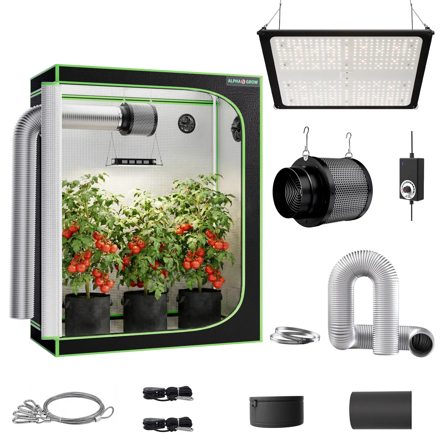 ALPHAGROW Complete Indoor Grow Tent Kit with 100W Full Spectrum LED Grow Light, 6 Inch 2-in-1 Carbon Filter Fan, 8FT Flexible Ducting, Speed Controller and Reflective Grow Tent for Indoor Gardening