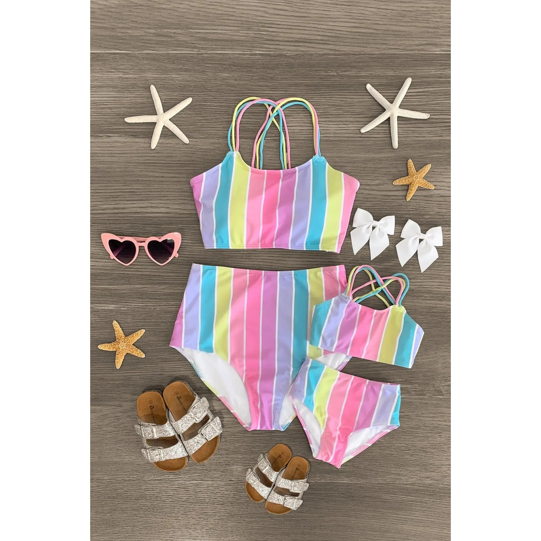 Women's Bikini Set, Pastel Rainbow Stripe High-Waisted 2-Piece Swimwear, Stylish Sleeveless Lightweight Top for Beach Wear, Clothes, Style, Fabric, Comfy, Print, Striped, Mom, Bathing Suit Women Set, Swim Suit, Two-Piece Swimsuit