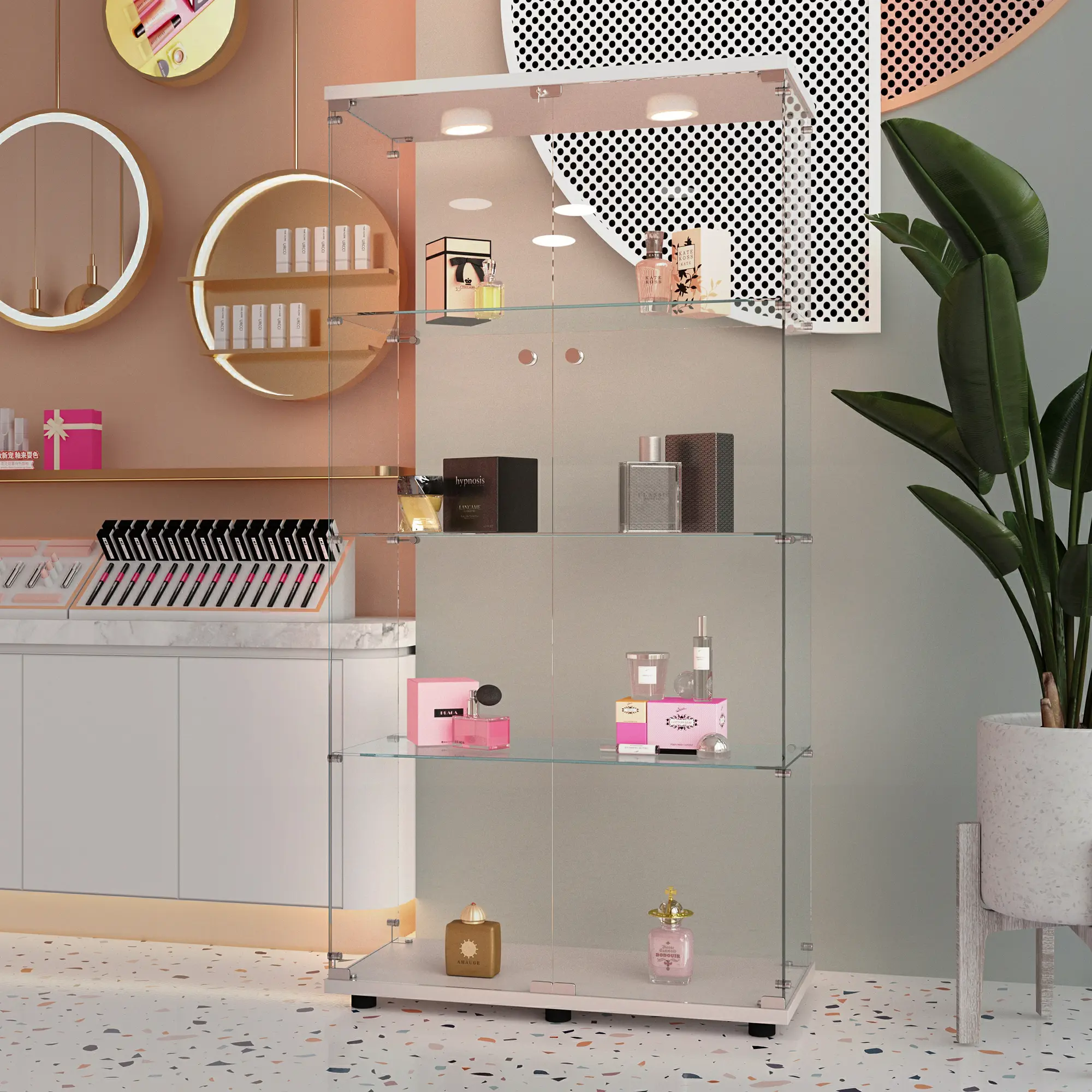 White Tempered Glass Floor Storage Cabinet, Modern Rectangular Accent Cabinet, 64.69x30.91x13.58in, Battery-Powered PAIPAI Light, Adjustable Floor Legs for Uneven Ground, Locking Castors, Modern Accent Cabinet