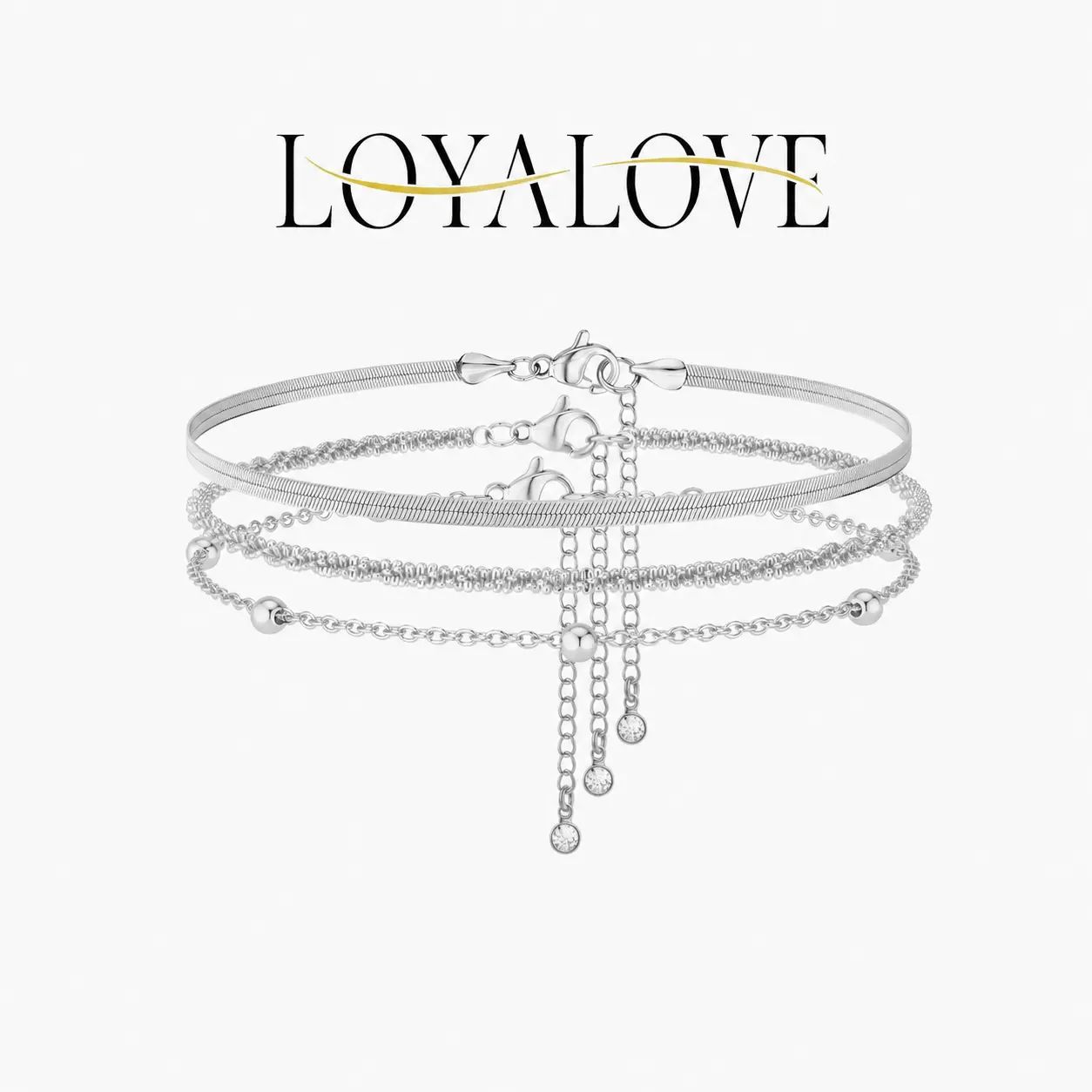Loyalove 3-Piece Silver Layered Anklet Set for Women, Dainty Herringbone Rope & Beaded Ball Chain Ankle Bracelets, Adjustable Stackable Summer Beach Jewelry, Y2K Trendy Gift