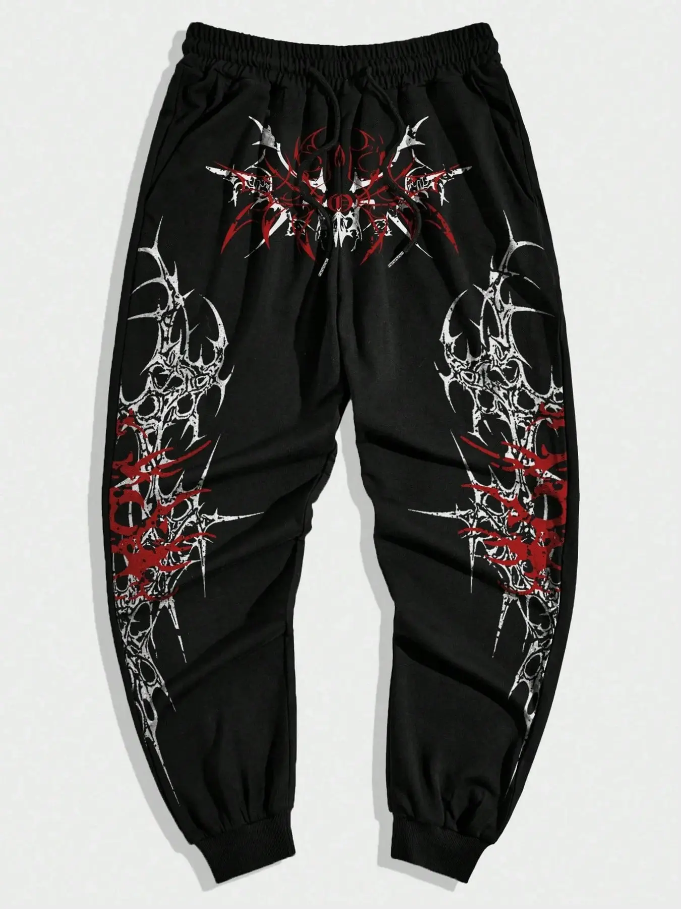 Men's Y2K Dark Thorn Print Graphic Print Jogger Pants, Loose Fit Tapered Legs Fitted Bottoms, Silver Spikes Detail, Street Style, All Seasons, Tapered Sweatpants