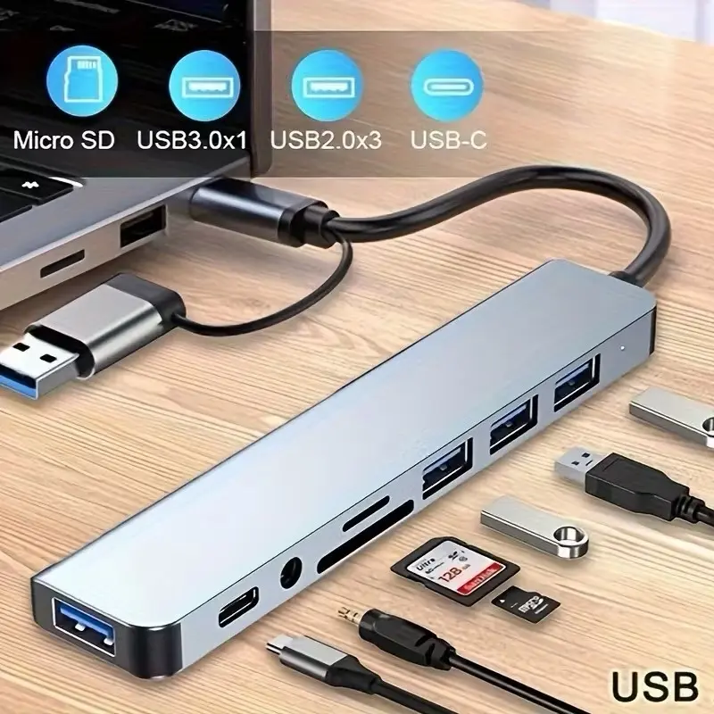 Convertible USB & USB Type C 8 in 1 USB Hub with Multiple Ports Docking Station, Light Weight Slim Design USB Hub, USB Type C, USB 3.0, USB 2.0, SD/TF, Audio Ports for Computer, Laptop, Tablet