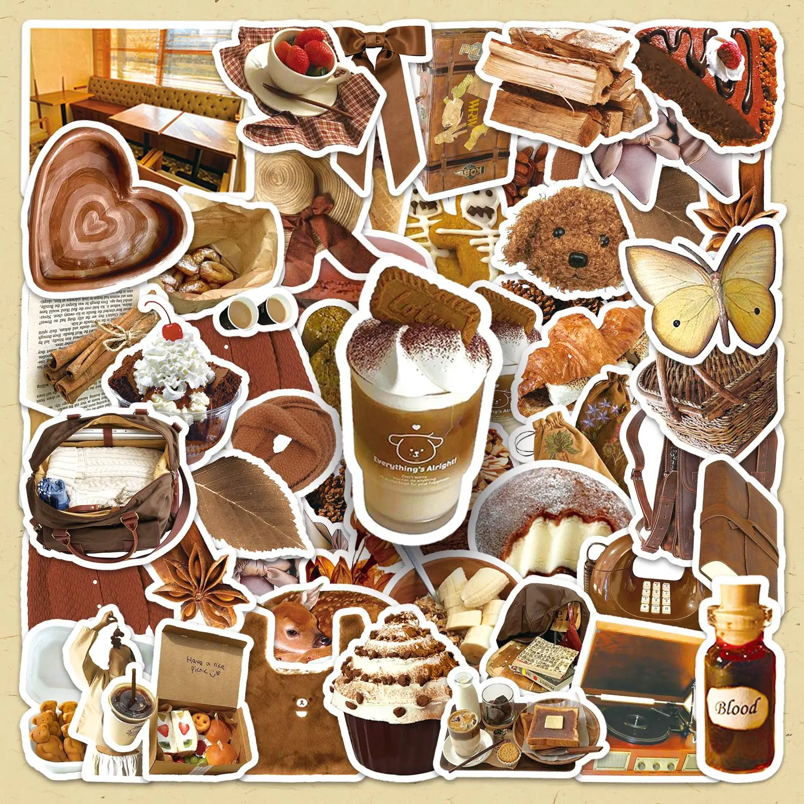 Brown Theme Sticker, 50pcs/set Scrapbooking & Journal Making Material Paper, Scrapbook Page, DIY Decorative Sticker, Decal Sticker, Art Stickers for Stationery & Computer & Water Bottle
