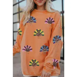 Orange Turkey Graphic Sequins Patch Corded Baggy Sweatshirt