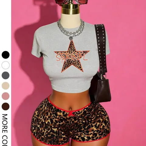 Women's Y2K Leopard Print Two-Piece Set, Star Letter Print Tank Top + Lounge Shorts, Summer Sexy Casual Pajama Set, Music Festival, Loungewear, Homewear, Nightwear, Leopard Print Pajamas, Pjs