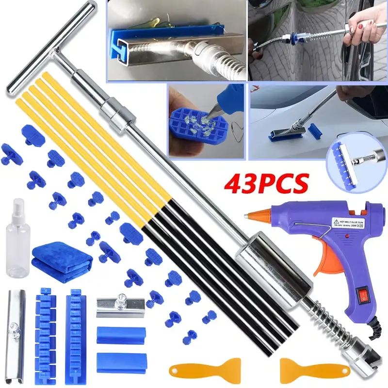 43 piece car dent repair tool set, adjustable long-distance T-shaped puller | Car unpainted dent repair, including gasket and glue gun - used for removing car body dents, hail damage, small dents, refrigerator door dent repair (US plug)