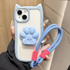 Cute 3D Cat Ears Cat Claw Stand Wrist Strap Clear Silicone Phone Case For iPhone 16 Pro Max 11 12 13 14 15 Plus X XR XSMax Cover