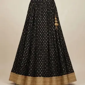 Rayon Printed Gold Bordered Lehenga Skirt for Women - Comfortable Design with Lace Detailing & Elegant Style - Flared Long A-Line for Versatile Wear - Breathable