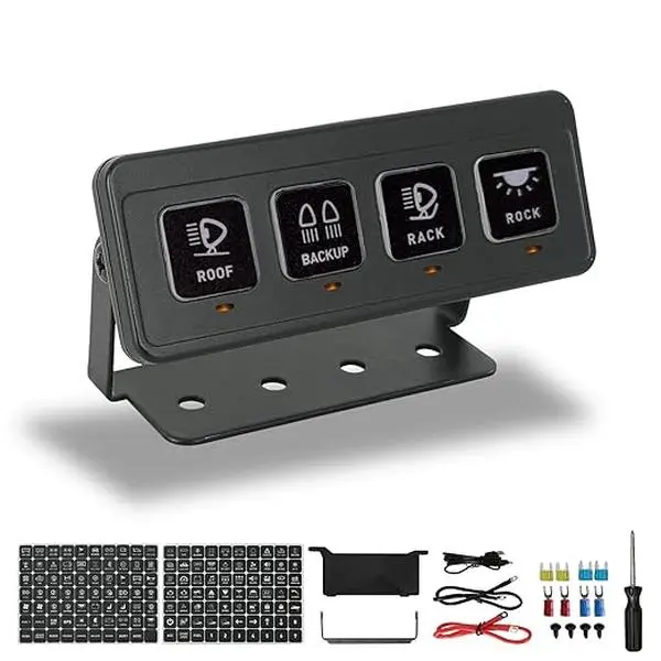 SUNPIE Compact 12V/720W Wireless 4-Gang LED Light Switch Panel with Touch Control, 4 On-Off Modes, Remote Control, USB Cable & AAA Compatibility, -30℃ to 85℃ Tolerance, 140 Decal Stickers, Ideal for Trucks, Boats Automotive Electrical Accessories