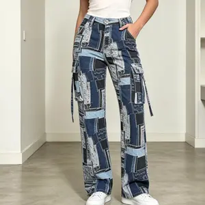 Women's Patchwork Print Cargo Wide Leg Jeans, High WaistMulti-Pocket Baggy Denim Pants, Y2K Grunge Streetwear