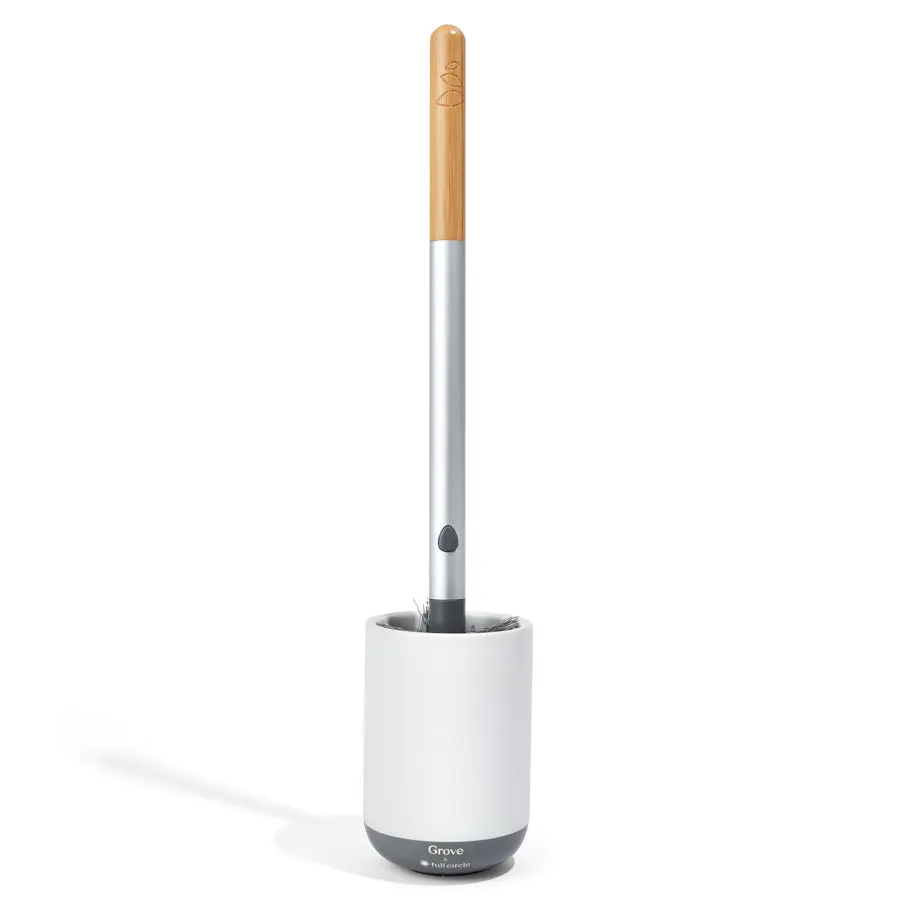 Grove Co. Toilet Brush Cleaning System - Eco-Conscious Bathroom Accessory with Replaceable Head, Recycled Aluminium-Plastic Handle, Diatomaceous Earth Stand, Waste Reducing Design for Sanitary Cleaning