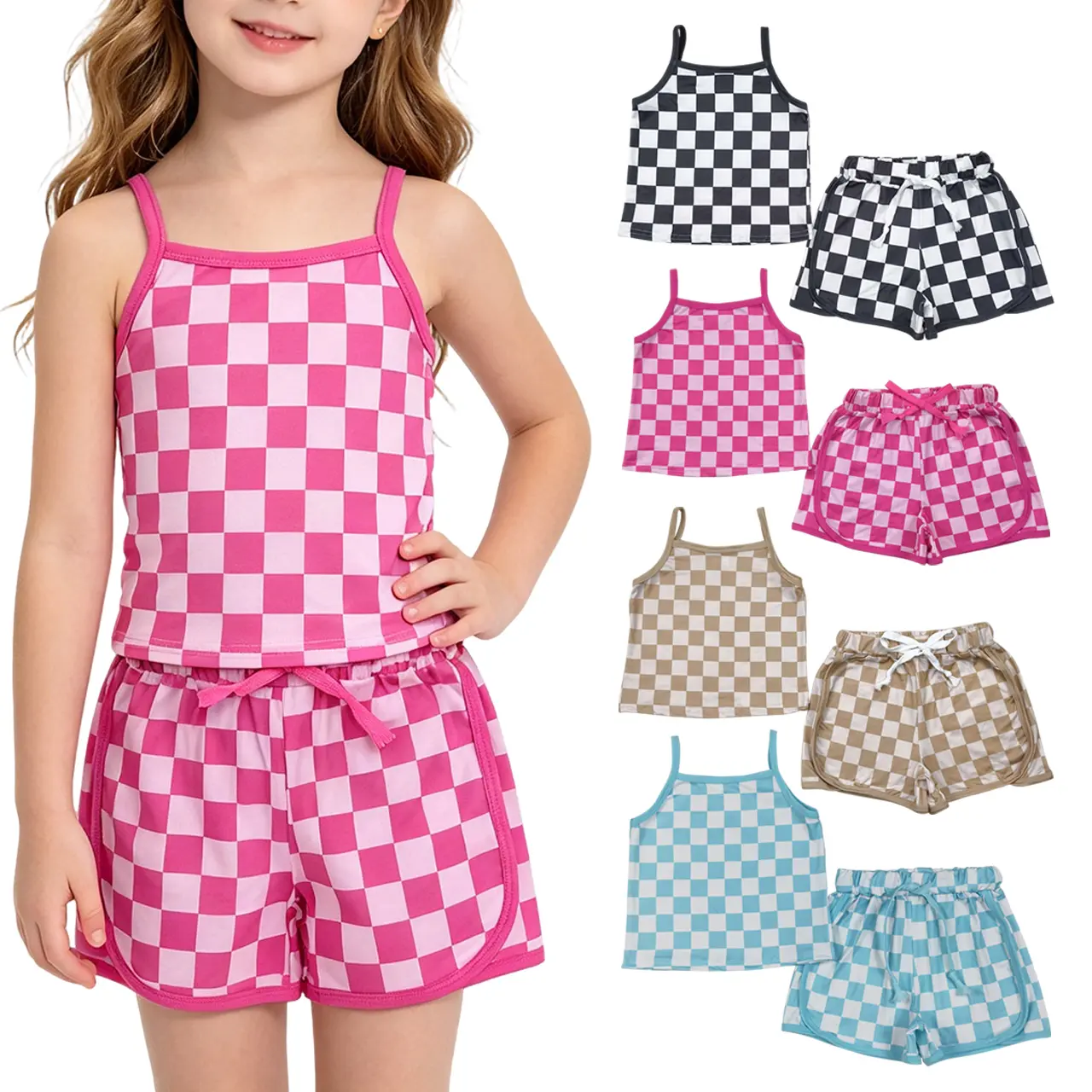 Girls' Plaid 2-Piece Summer Casual Set, Baby Clothes Girl Fashion Style Match Style Clothingsets for Kids' Daily Wear, Fashion Style Sets