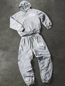 Men's preppy two-piece tracksuit outfit set: hooded sweatshirt and drawstring trousers, with a letter graphic design, perfect for autumn and winter.