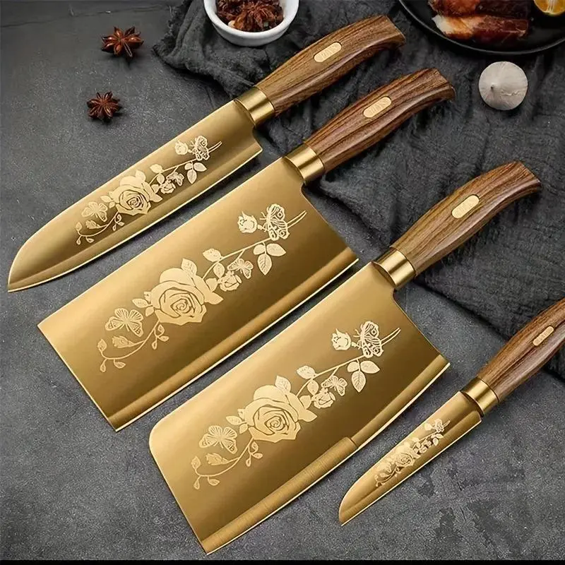 Rose Pattern Kitchen Knives Set, 4 Counts/set Stainless Steel Cooking Chef Knife, Sharp Professional Cutting Cut Kitchenware Tools for Home Dining Room Barbecue