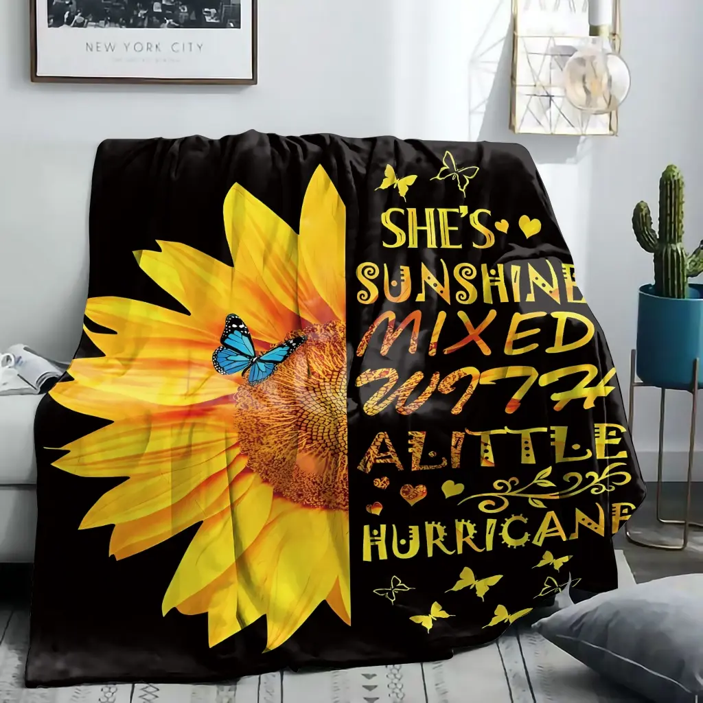 Sunflower Print Flannel Slogan Print Blanket, Cozy Throw Blanket, Soft Comfortable Throw for Bed Sofa Office Camping, Modern Style Home Decor Gift for All Seasons, Blankets for Sofa, Comfy Blankets