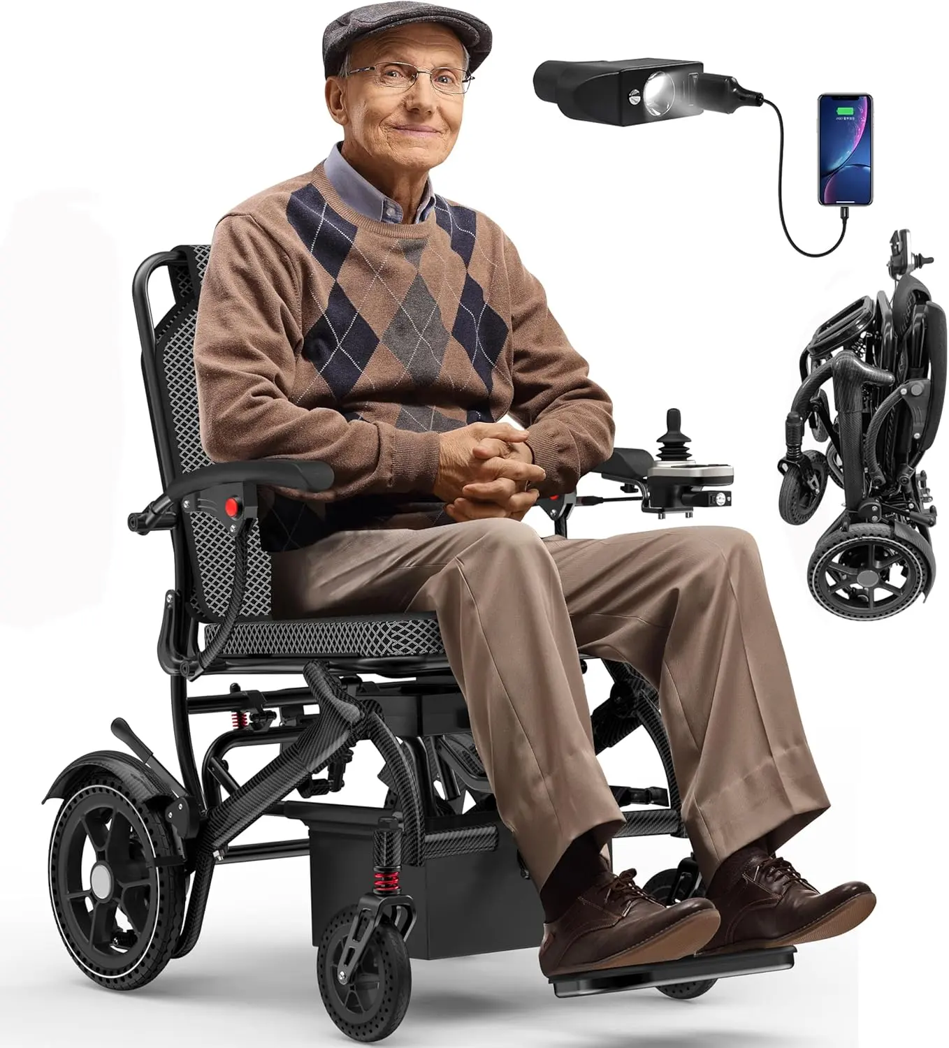 Electric Wheelchairs for Adults Foldable 36LBS Lightweight Frame Airline Approval,15 Miles Range, Max Support 350 LBS, 500W Brushless Motors with LED Light- Black Carbon Filber Color