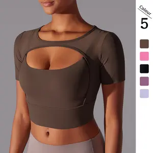 Classic Solid Color Mesh Stitching Double-Layer Short Sleeve Racerback Bra Top Women - Running, Fitness, Yoga Workout Top1123