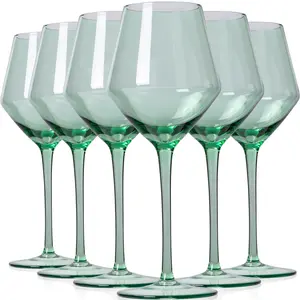 Hand Blown Sage Green Wine Glasses Set 6-16oz with Long Stem for Birthday, Wedding, Bridal Shower - Drinkware