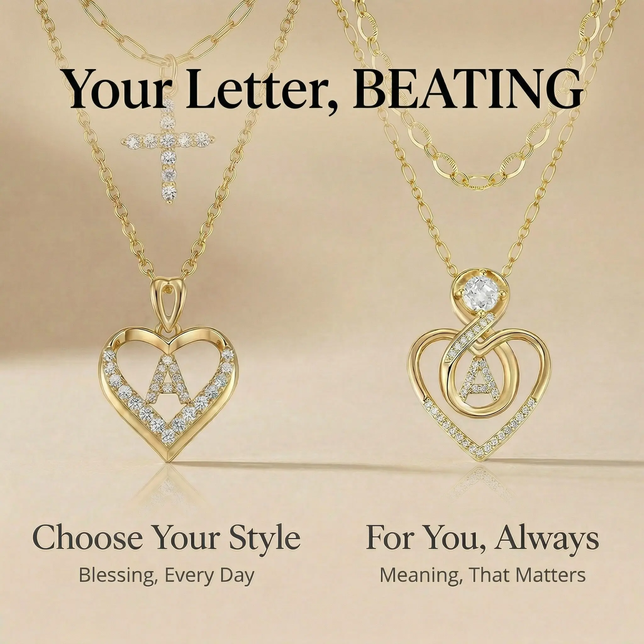 MEIITRUE Your Letter BEATING , 14K Gold Plated Heart Pendant Initial Layered Necklace Personalized for You She and Her,Hypoallergenic and Nickel-Free Gentle on Women Sensitive Skin,Sparkle Zirconia and Adjustable Chain Perfect Jewelry Gift Set Ready