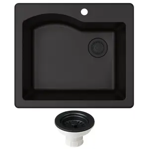 212 MAIN Quarza 25 Rectangular Heat-Resistant Undermount Single Bowl Granite Kitchen Sink, Black, with KGD-441BLACK-PST1-BL Strainer, Undermount Sink