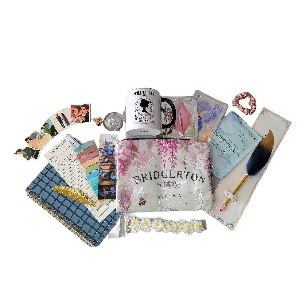 Bridgerton Themed Bookish Accessory Bundle, Thoughtful regency themed gift set for her, includes spill the tea mug, Bridgerton themed cosmetic bag, feather pen, journal, metal feather bookmark, book tracker, annotation tabs, bookish stickers, etc