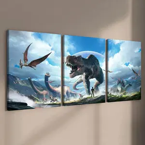 Wooden Framed Canvas Painting Set, 3 Counts/set Giant Dinosaur Pattern Wall Art Decor, Modern Home Decor, Wall Decor for Home Living Room Bedroom Office, Art Wall Decoration