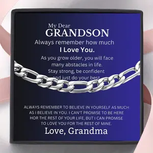 To My grandson, Birthday Gift From grandma，grandson New Cuban Bracelet Gift, Birthday Gift, Christmas Gift, Gift Card With Text And Gift Box Packaging.