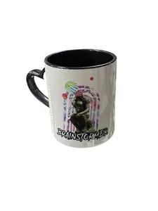 Brainstormer Coffee Mug, White with Black Interior and Handle, The Thinker Statue Design, 11 oz Ceramic Cup