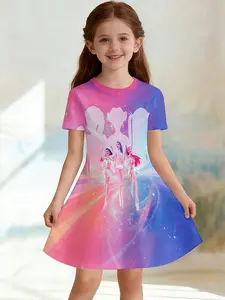 Girls' 3D Futuristic Dress, Cool Short Sleeve A-Line Dress, All over Print, Perfect Birthday Gift, Festival Gift