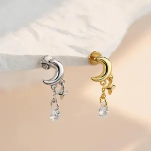 OUFER 16G Hypoallergenic Whimsical Celestial Moon & Star Cubic Zirconia Internally Threaded Dangle Cartilage Earrings - Women's Earcuff Ear Studs, High-Quality Jewelry for Women, Whimsical Gifts, Crescent Shaped Earrings