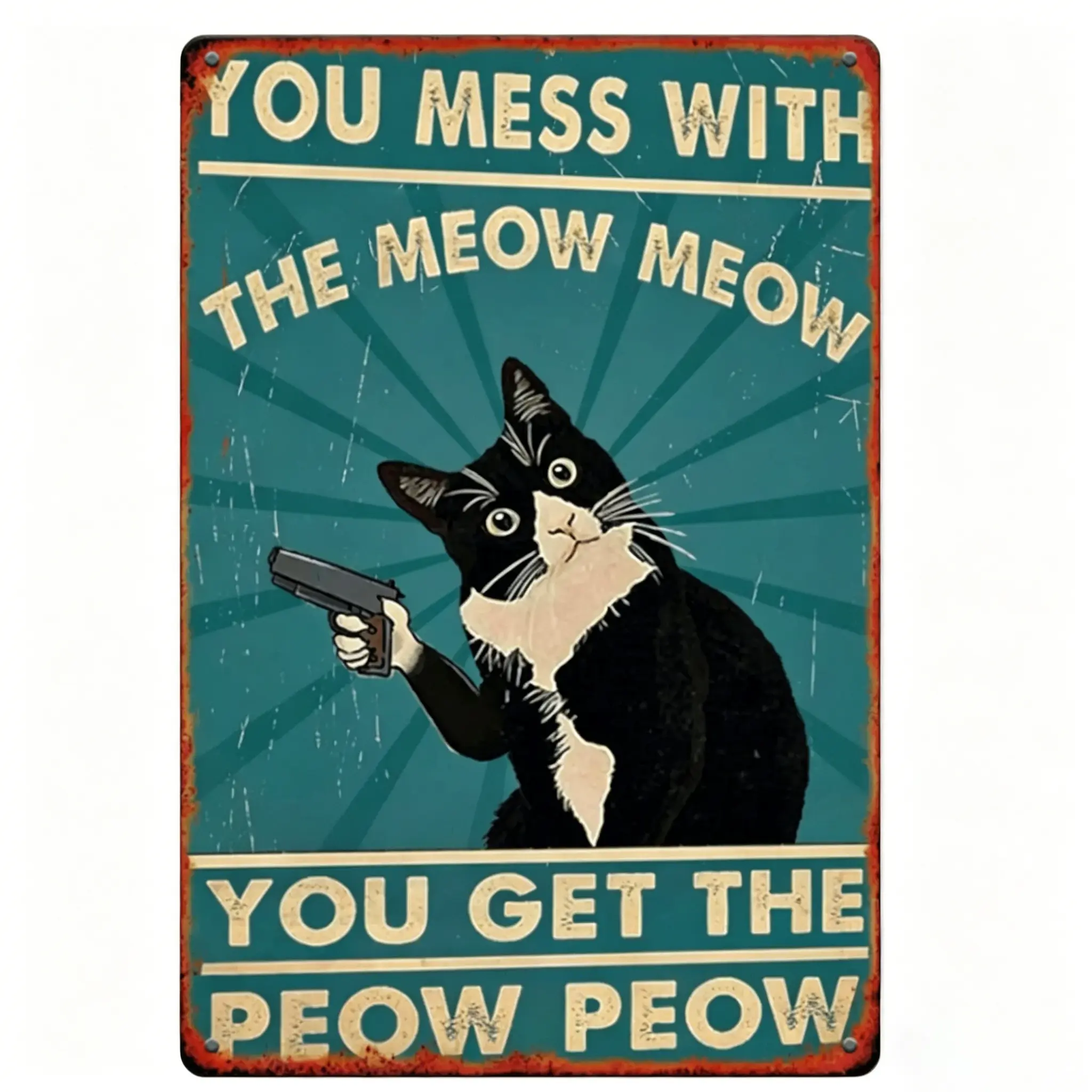 Vintage Humorous Cat Iron Tin Sign - 1pc 8x12 in Wall Decor with "You Mess with The Meow Meow You Get The Peow Peow" Quote, Ideal for Living Room, Cat Lovers Gift (Multiple Styles), Home Decor Accessories, Vintage Garage Signs, Novelty Decor