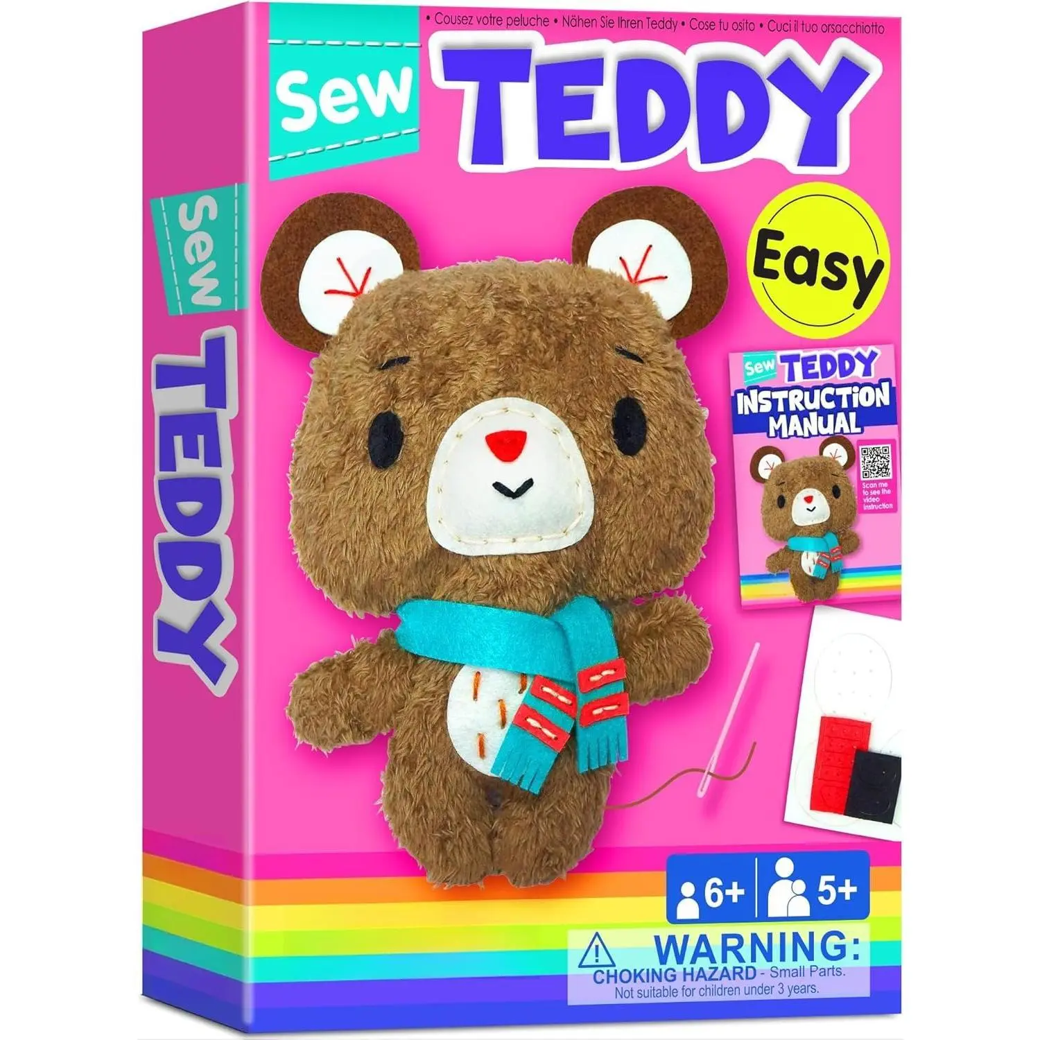 X-SWA08 Beginner Teddy Bear Sewing Kit for Kids Ages 7-12, Educational Arts & Crafts Set with Stuffed Teddy Doll, Instructions & Plush Felt Materials for Sewing & Embroidery