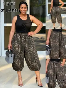Women's Fashion Casual Camouflage Print Pants, Leopard Pattern Elastic Waist Lantern Seven-Part Pants, Vintage Style Trousers