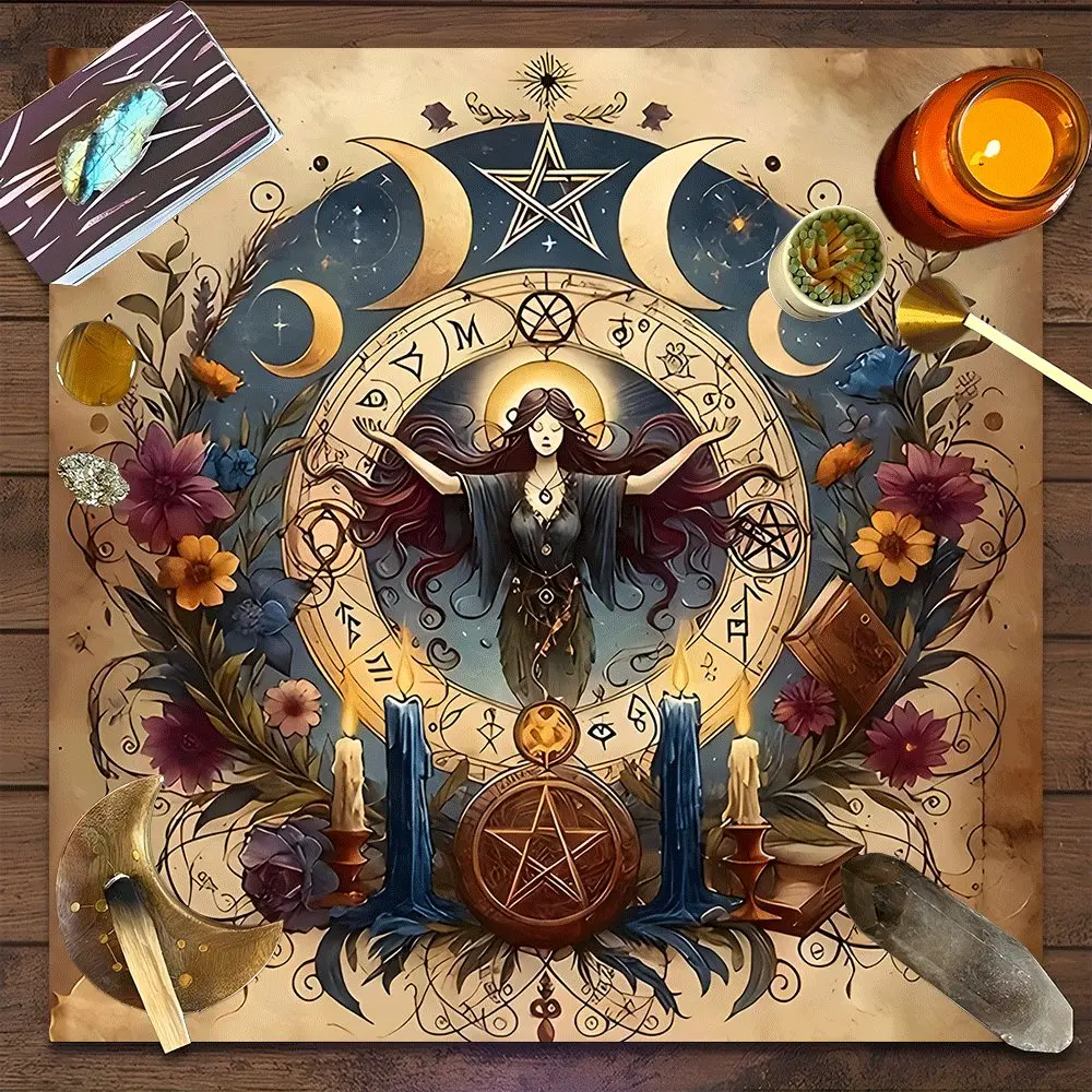 Mystical, Spiritual Witch Moon Phase Pentagram Ritual Design Square Tarot Tablecloth, Witchcraft, Retro-style Decorative Home Decor Altar Cloth Multiple Sizes Polyester Fabric, Easy to Clean and Maintain Gift for family and friends