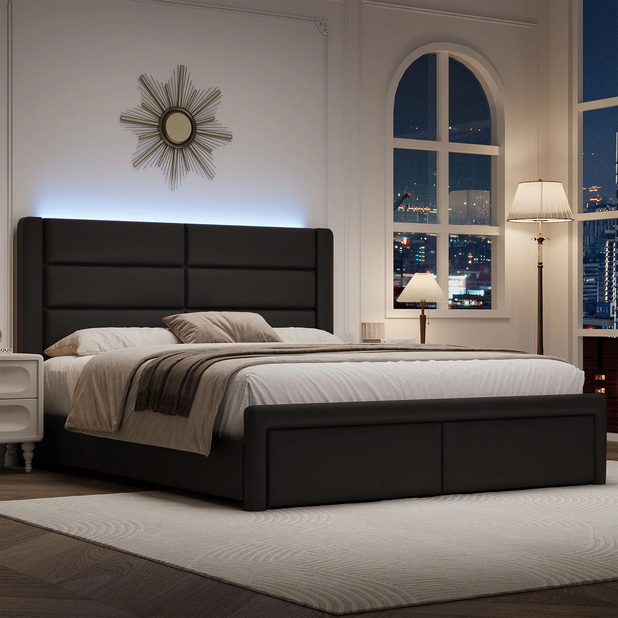 [SummerSale] HOMBCK Upholstered Bed Frame with LED Lights Headboard, Modern Faux Leather Bed Frame with Wooden Slats Support and Heavy Duty Mattress Foundation, No Box Spring Needed, Easy Assembly #home essentials#back to school
