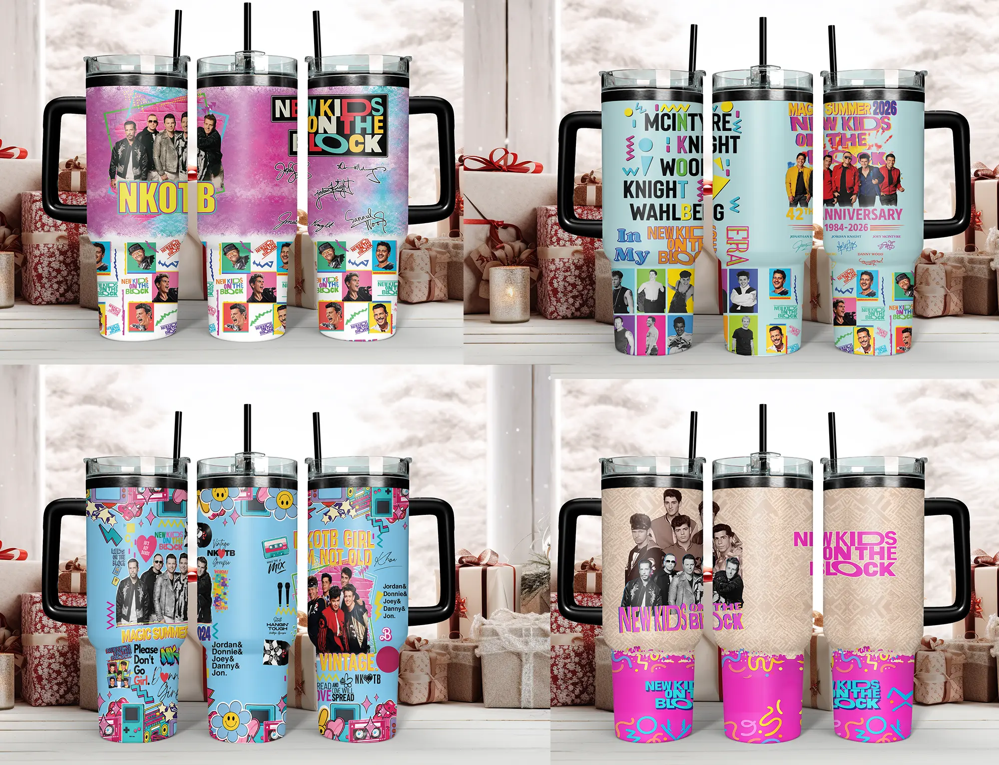NKOTB 40oz Tumbler with Handle | New Kids on the Block Vintage 80s 90s Pop Music Merch | Magic Summer Tour Insulated Stainless Steel Cup | Ultimate Gift for Nostalgic Boy Band Blockheads