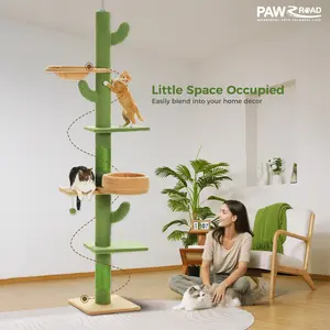 PAWZ Road Cactus Cat Tree Floor to Ceiling [87"-100"] Height Adjustable, 5 Levels Cactus Cat Tower [Diamter=4.1"] Super Robust Cat Scratcher with Perch& Hammock(Visible Acrylic Bowl Optional), Green#SummerVibes #petlovers