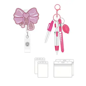 Glitter Bow Stethoscope Badge Reel Set, Shimmering Nurse Work Accessory, Includes Pen and ID Card Holder, Adjustable Badge Reel for Healthcare Professionals