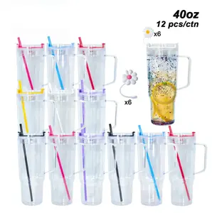 Icesip Bulk USA Warehouse 12pc/ctn 40oz Mix Color Double Wall Snow Globe Acrylic Plastic Mug with Daisy Straw Cap Perfect for Glitter DIY Crafts