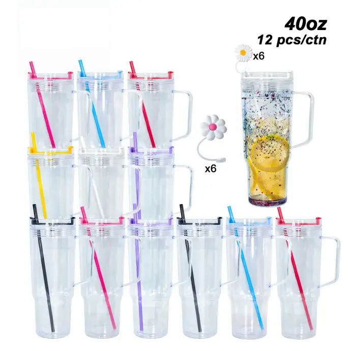 Icesip 12pcs 40oz Double Wall Acrylic Plastic Snow Globe Cup, Mix Color with Straw & Lid, Bulk from USA Warehouse for Glitter DIY Crafts