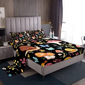 Botanical Sheet Set,Mushroom and Snail Print Bed Sheet Set,4pcs with Deep Pocket Fitted Sheet + Flat Sheet + Leaf Flower Print Bedding Set for Kids Boys Girls