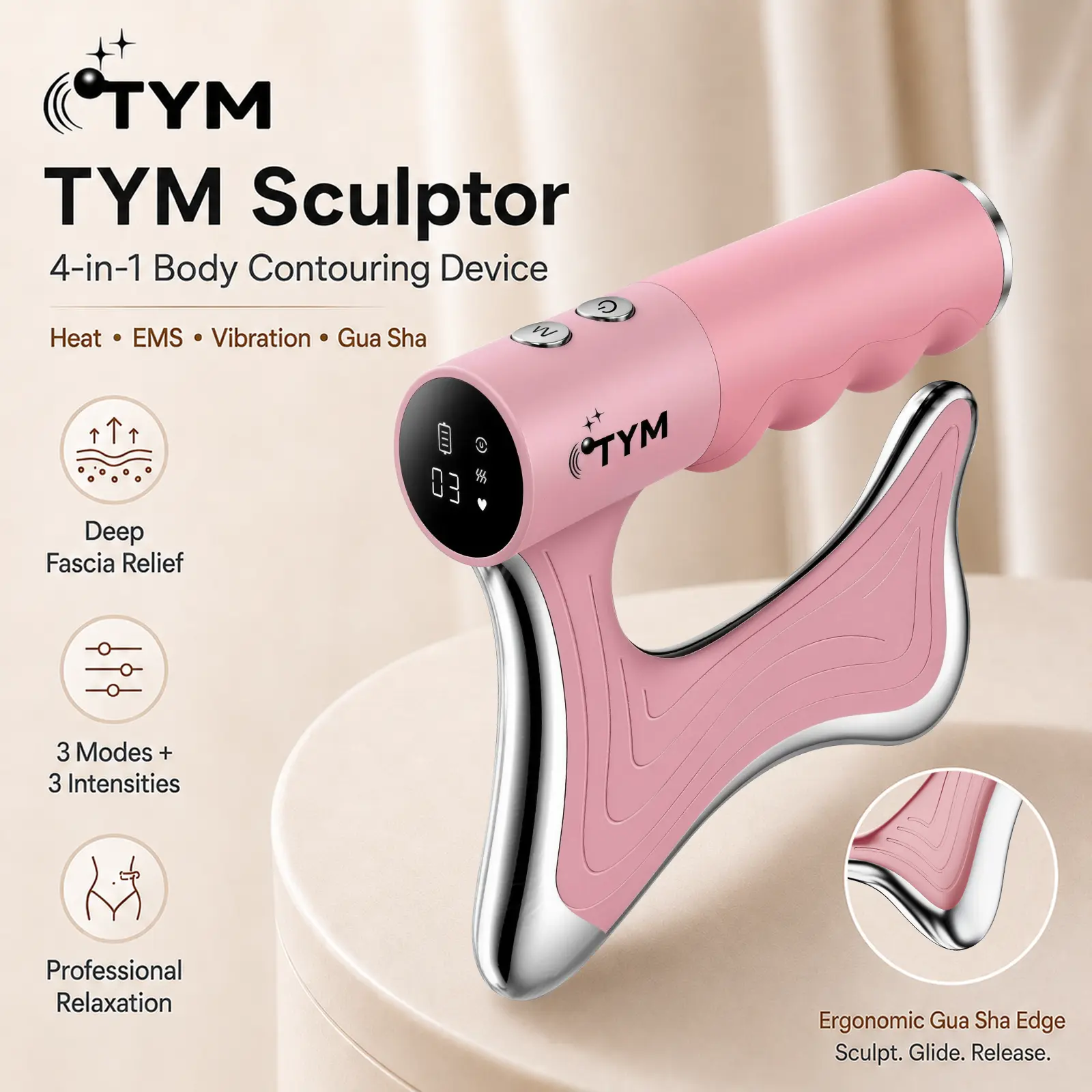 TYM Sculptor 4-in-1 Heated Electric Fascia Knife - Ergonomic Rechargeable Gua Sha Massager with Heat, EMS, Vibration, 3 Modes, 3 Adjustable Intensities for Deep Tissue Muscle Relief & Body Contouring