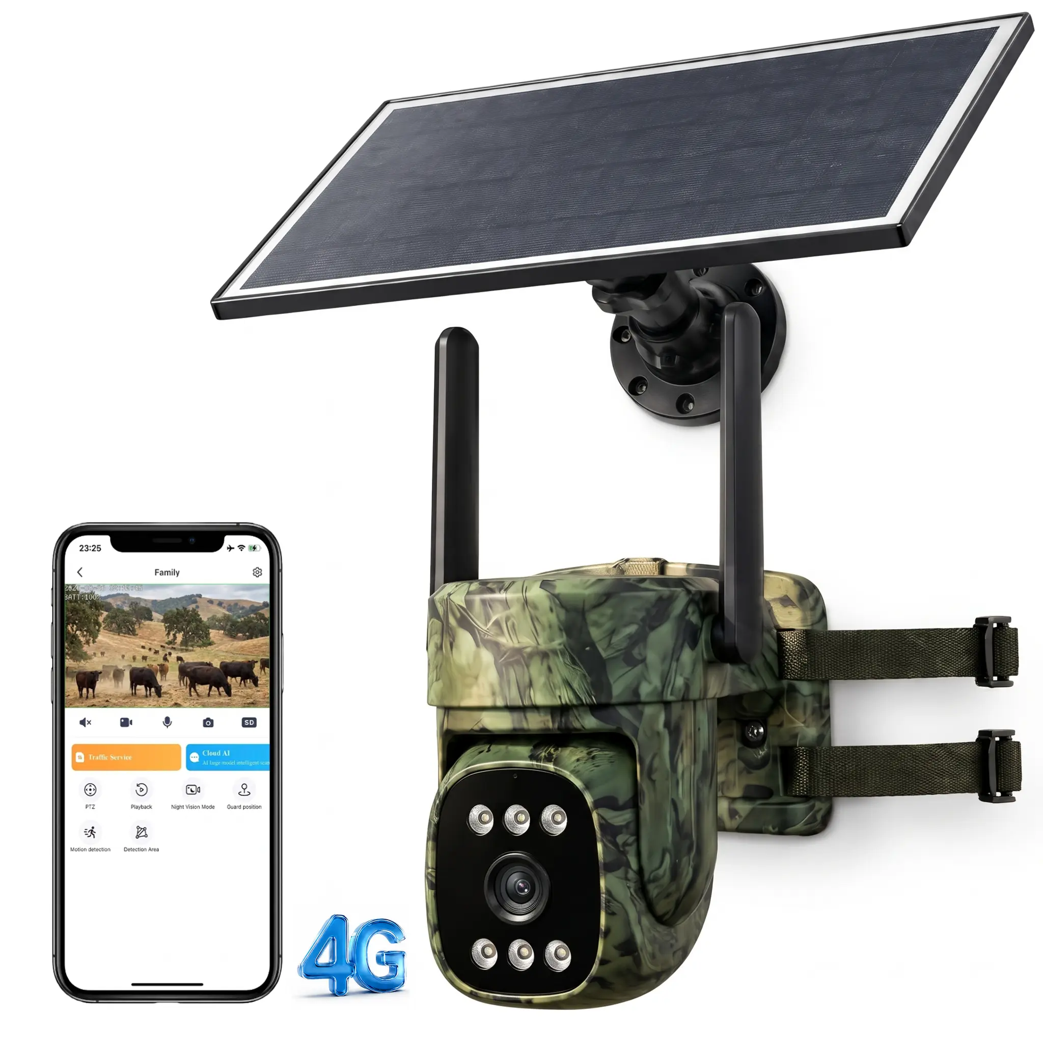 SONIQCFYX 4G LTE Solar Power Trail Camera - 2K HD Cellular Hunting Camera with Built-in SIM Card, No WiFi Needed, Night Vision, Motion Detection, Waterproof Camouflage Design for Outdoor Hunting, Farm Use