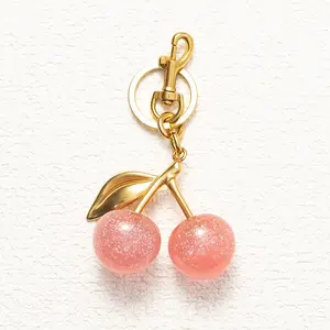 Adorable Pink Cherry Keychain, Sparkly Glitter Bag Charm Pendant, Pink Cherry Purse Decoration with Key Ring and Clip