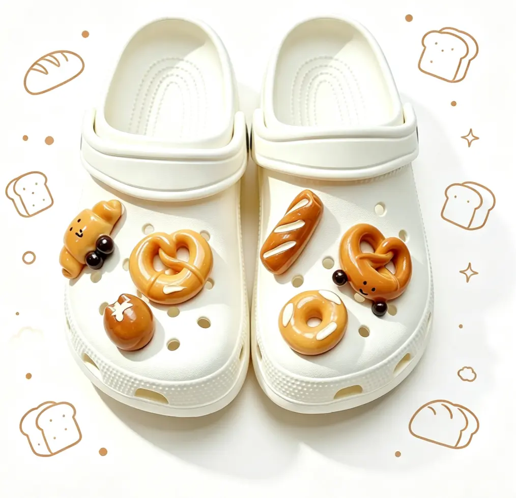 6Pcs Cute Bakery Shoe Charms, 3D Resin Food Decorations in Realistic Bread Shapes for Women & Girls, DIY Accessories with Detachable Buckle for Clogs